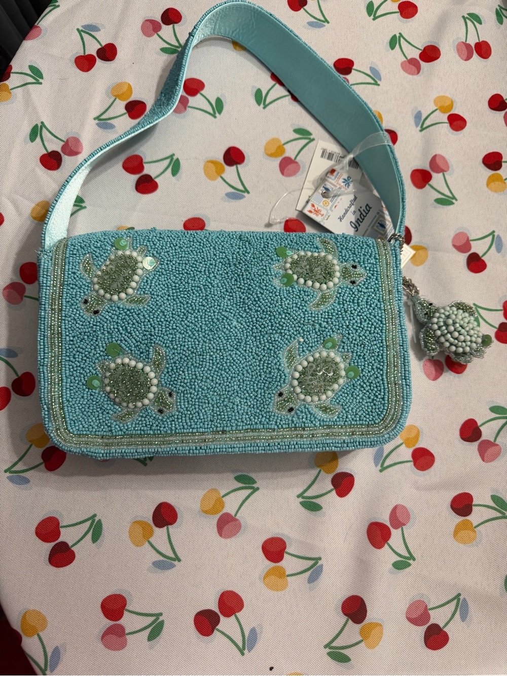 Beaded Sea Turtle Shoulder Bag - Aqua Blue